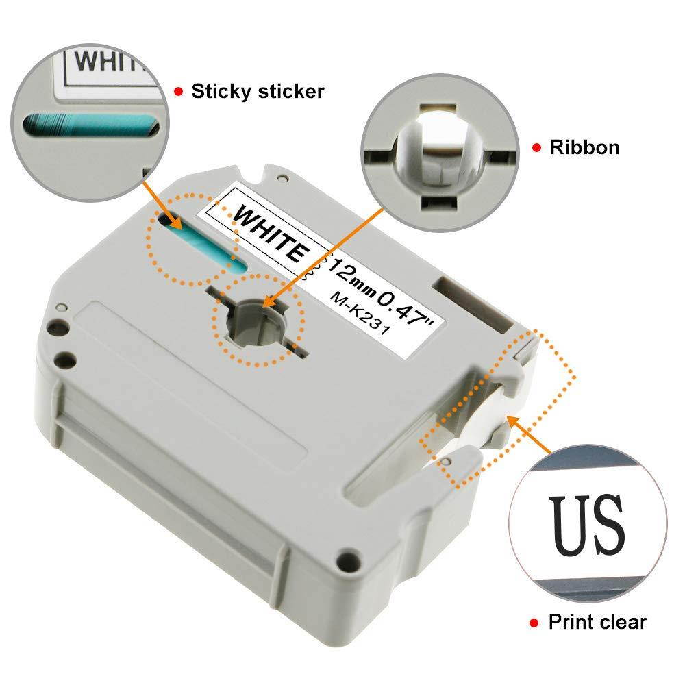 Replace Brother P-Touch M Tape 12mm 0.47 Inch Black on White M-231 M-k231 M-k231s Label Tape Refill Compatible Ptouch Label Maker PT-65 PT-70 PT-85 PT-90 PT-M95 PT-70BM PT-45M PT-55BM PT-55S, 6-Pack
