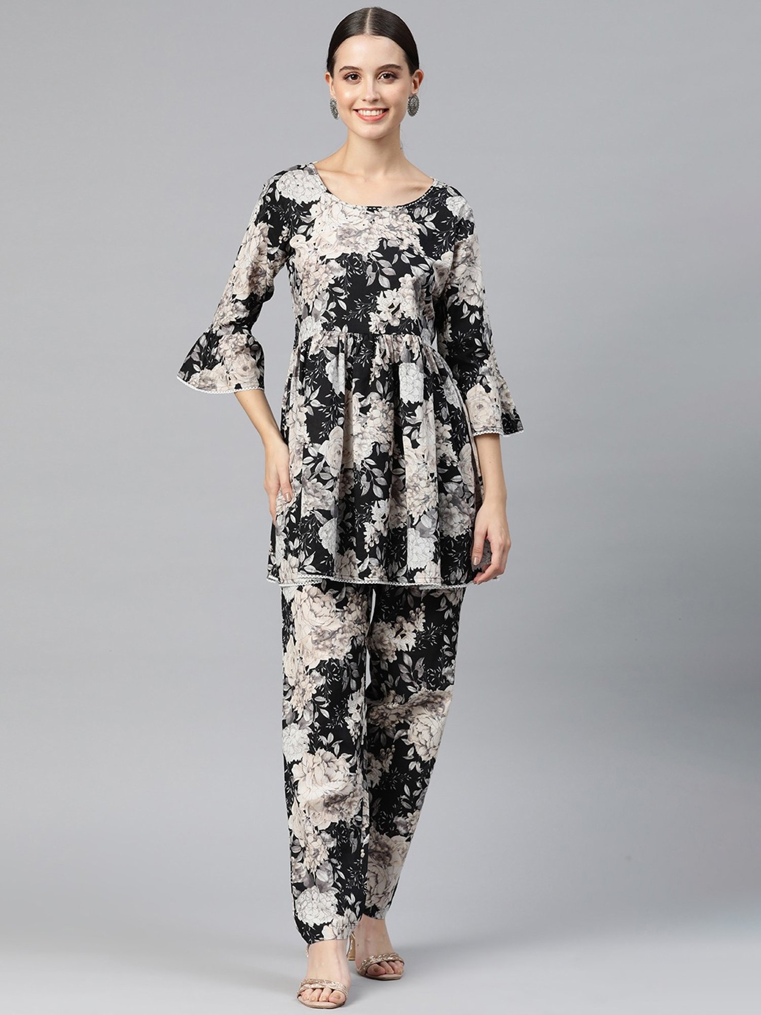 READIPRINT FASHIONS Black Cotton Floral Print Tunic Pant Set