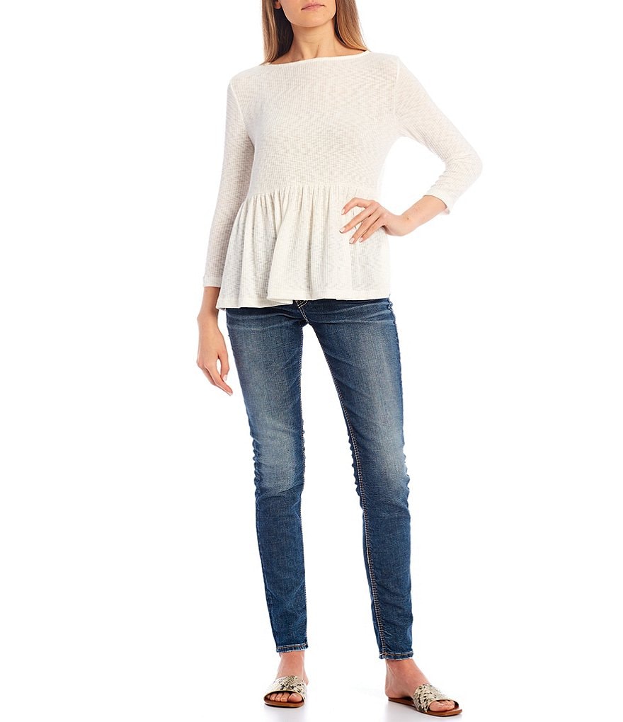 Good Luck Gem 3/4 Sleeve Ribbed Peplum Top