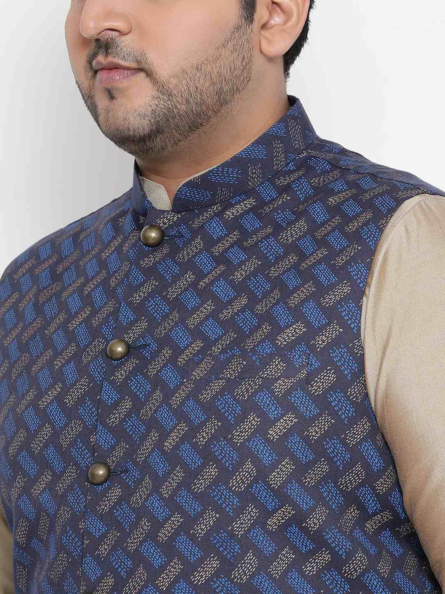 KISAH PLUS Navy Regular Fit Printed Kurta Set With Jacket