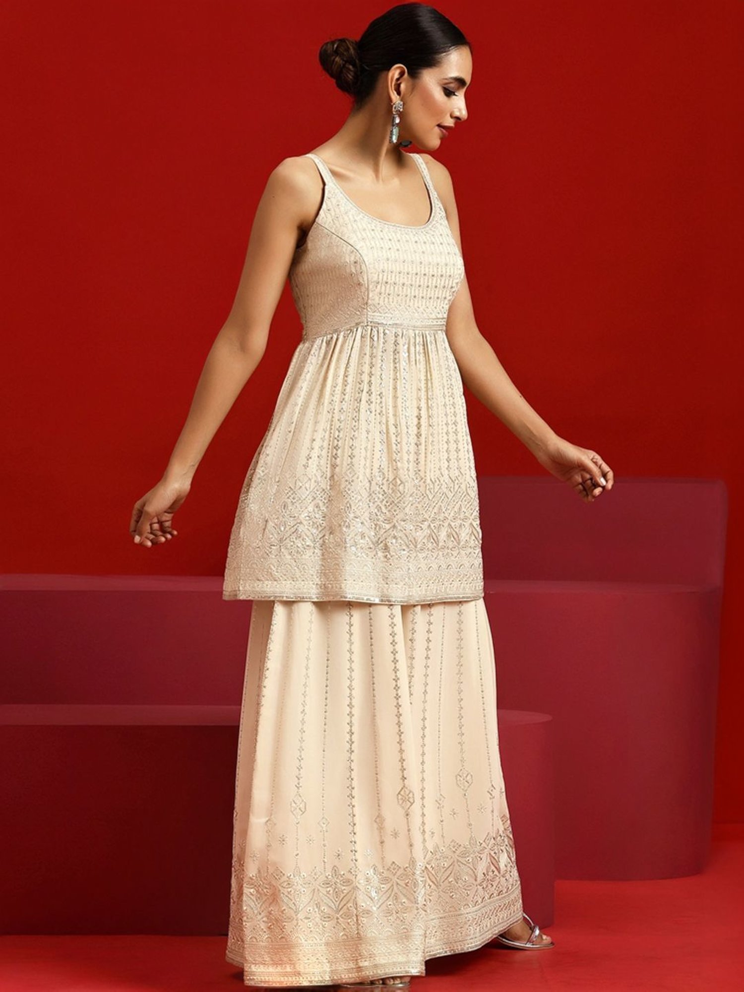 Libas Art Beige Embroidered Kurti Palazzo Set With Dupatta