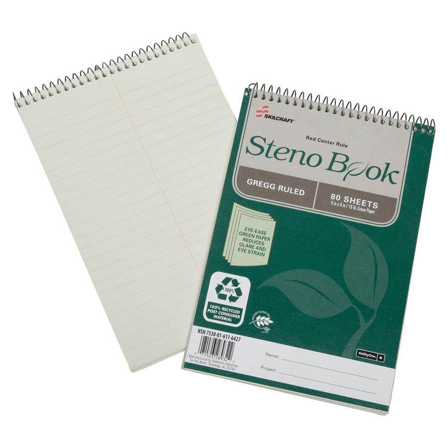 SKILCRAFT&reg; Steno Notebooks, 6" x 9", Legal/Wide Ruled, 160 Pages (80 Sheets), 100% Recycled, Green, Pack Of 6 (AbilityOne 7530-01-611-6427)