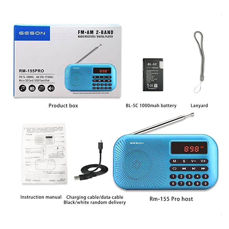 RM-155Pro AM FM Radio Portable Mini USB Speaker MP3 Music Player SupportMicro SD/TF Auto Scan Save LED Display USB Transmit Data and Sound Card Function, Rechargeable BL-5C Battery (Blue)