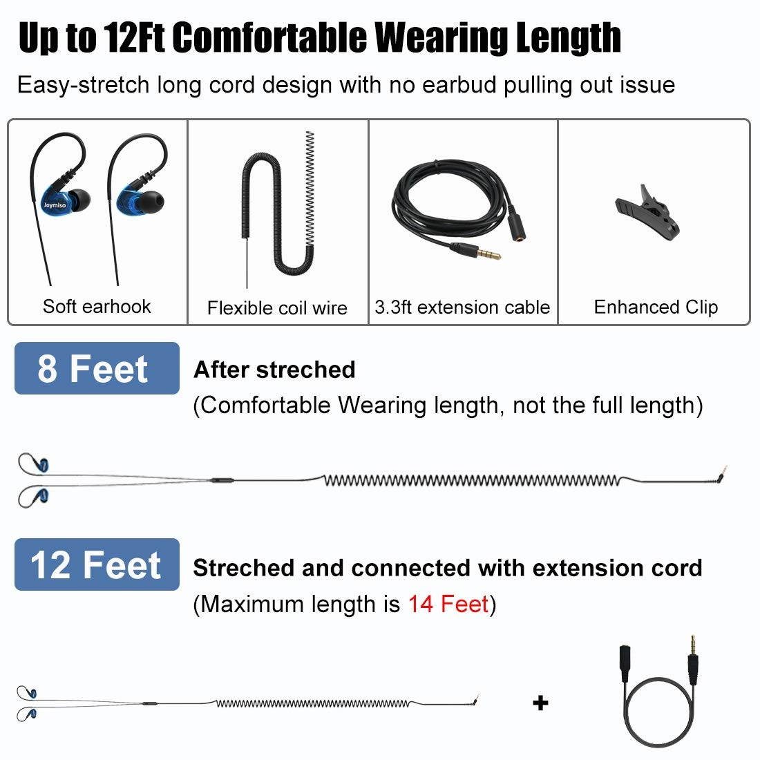 Joymiso Extra Long Cord Earbuds Headphones for TV Computer Laptop with Mic and Volume Control, 12Ft (Coil Wire & Extension Cable) Wired Stereo Earphones, Over Ear In Ear Buds for Kids Women Small Ears