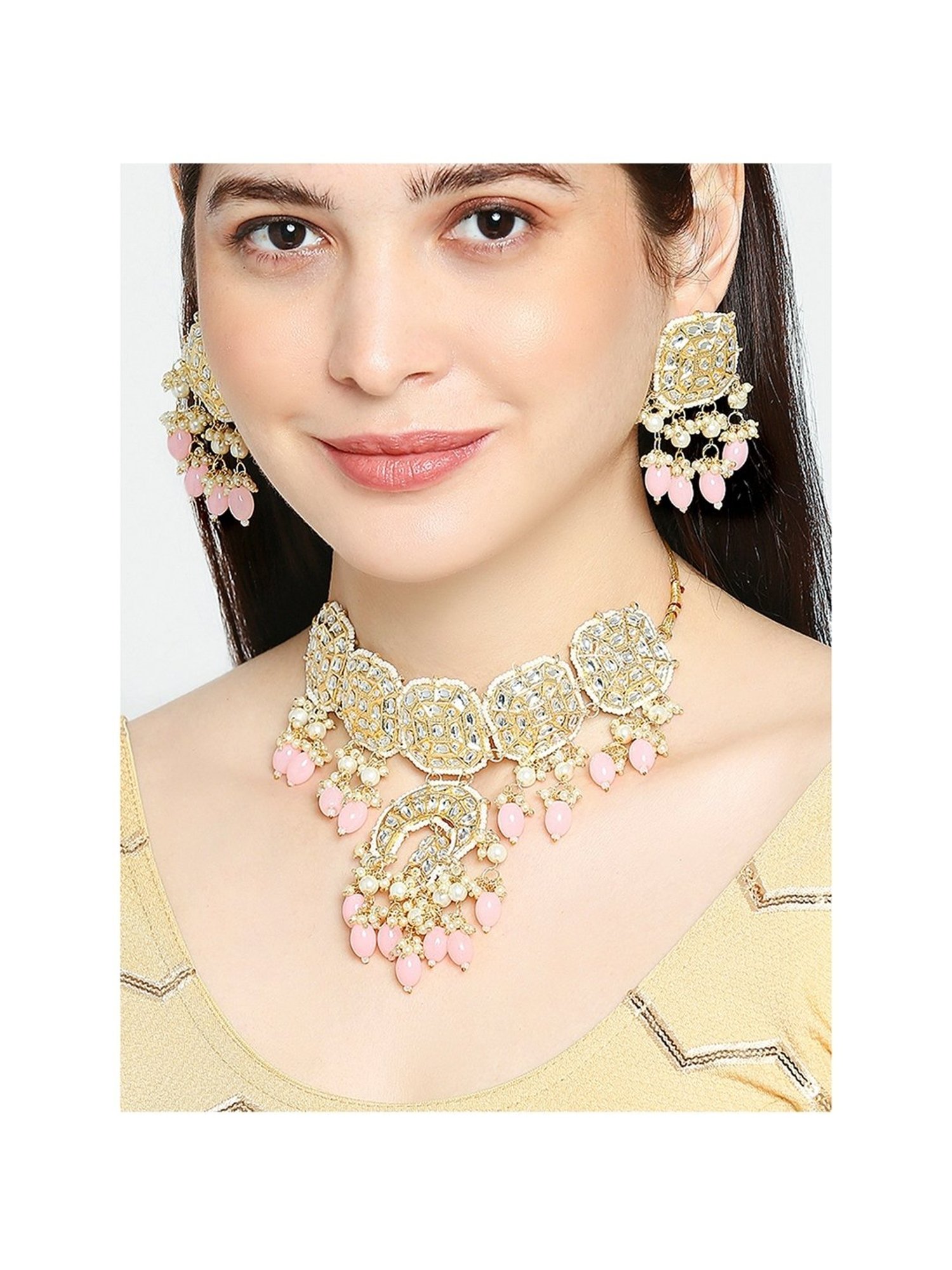 Oomph Pink Beads & Kundan Ethnic Jadau Necklace with Earring Set
