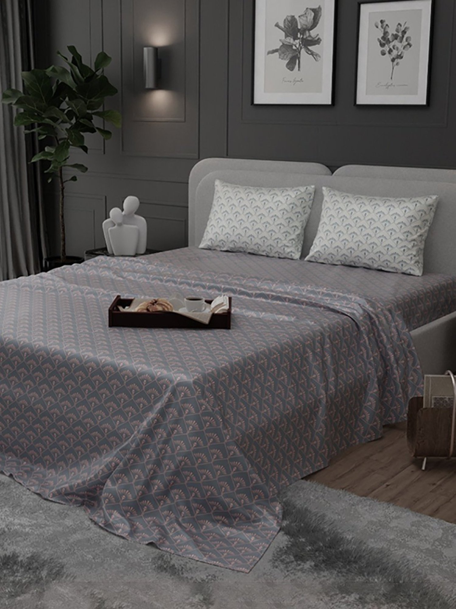 Stoa Paris Elegance Grey Polyester 300 TC Sateen King Size Bed Sheet With 2 Pillow Covers