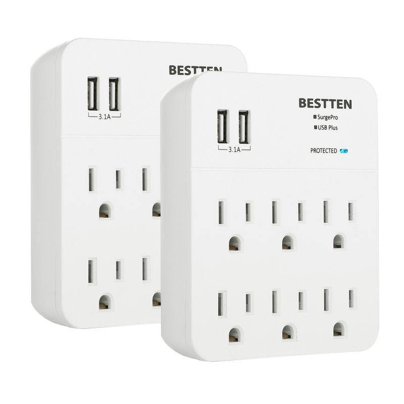 [2 Pack] BESTTEN 6-Outlet with 2 USB Charging Ports (2.4A/Port, 3.1A Totally), Wall Tap Mount Adapter Surge Protector, Muti-Plug Socket Extender, ETL Certified, White