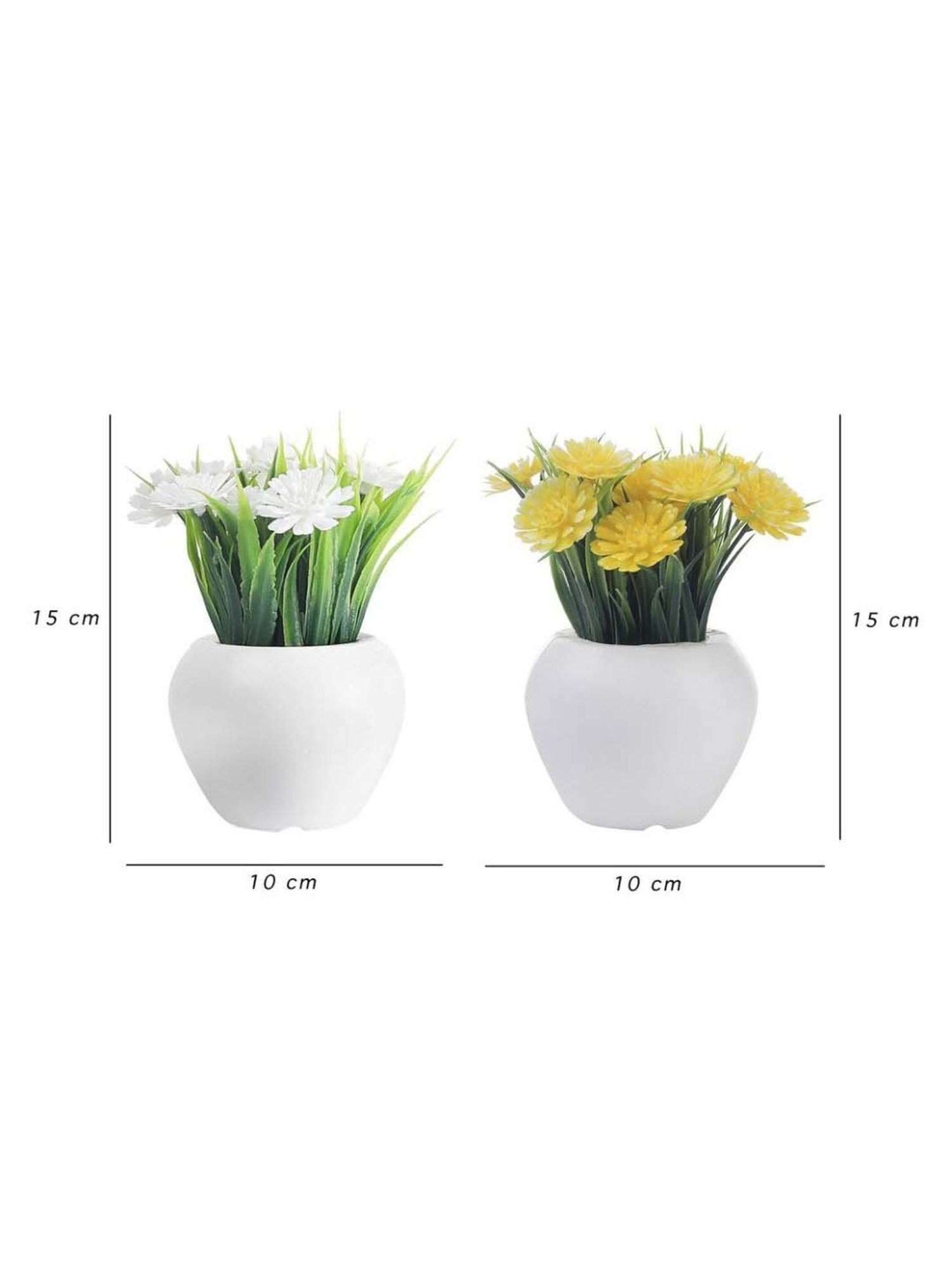 Foliyaj Yellow & White Plastic Artificial Mini Gerbera Plant With Thin Long Leaves - Set of 2