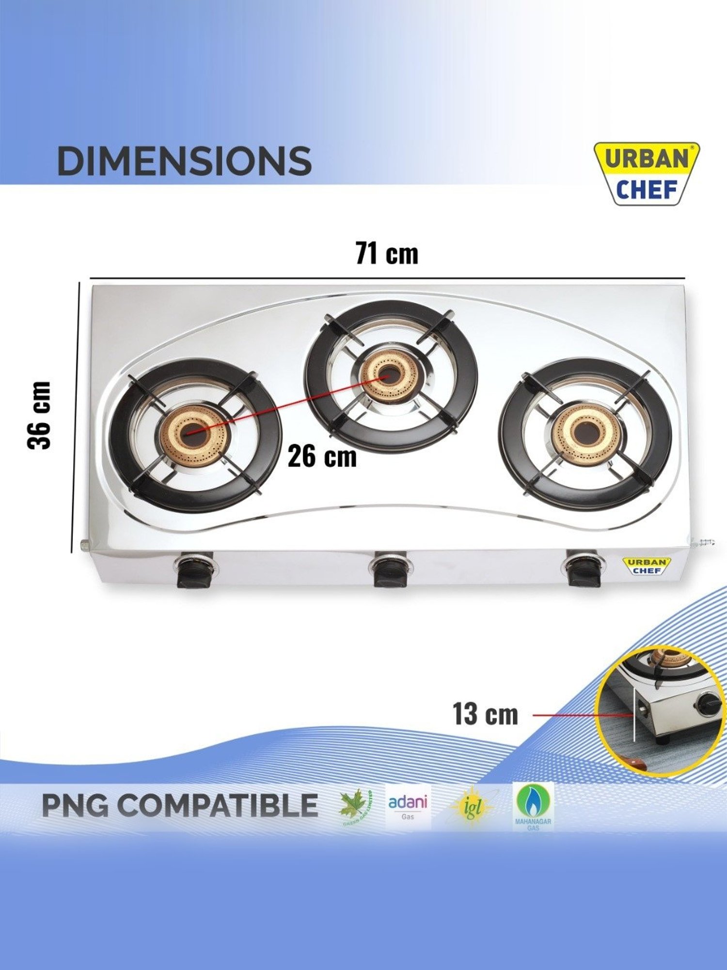 Urban Chef Gas Stove with 3 Burners ( Silver/Black )