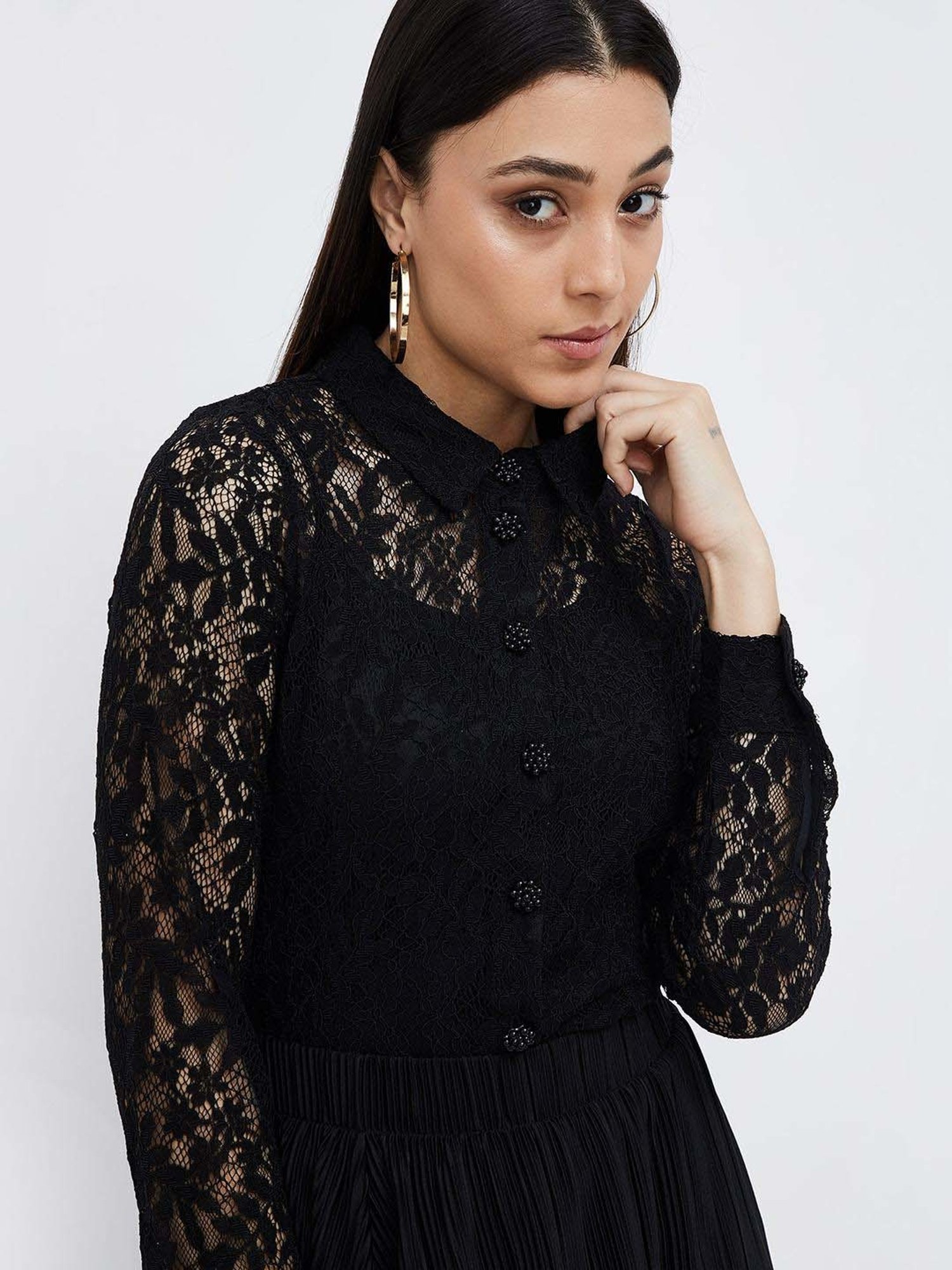 Code by Lifestyle Black Self Pattern Top With Camisole