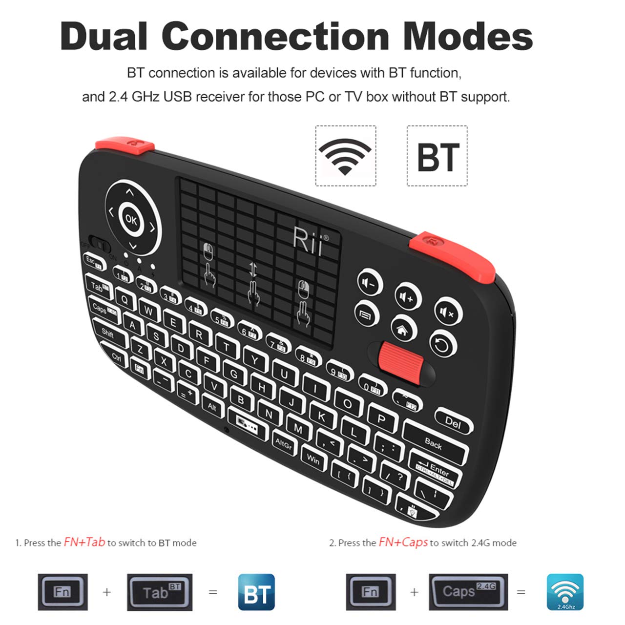 (2019 Upgrade) Rii i4 Mini Keyboard with Touchpad, Bluetooth + 2.4GHz USB Dongle for Smartphones, PC, Tablet, Laptop TV BOX