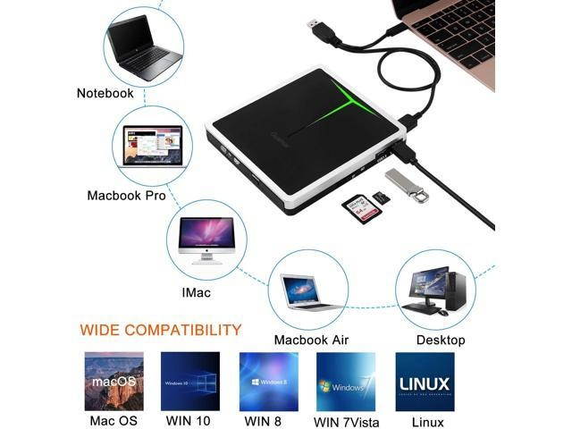 External CD DVD Drive Guamar 5 in 1 USB 3.0 USB C CD DVD Drive CD Player Burner Writer Optical Drive Compatible with Laptop/MacBook/Windows/PC Supports SD Card/TF Card/2 USB 3.0 Transfers (Silver)