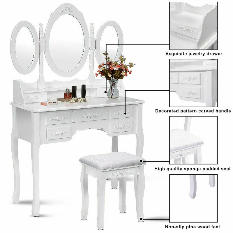 Costway White Tri Folding Oval Wood Vanity Makeup Table Set 7 Drawers