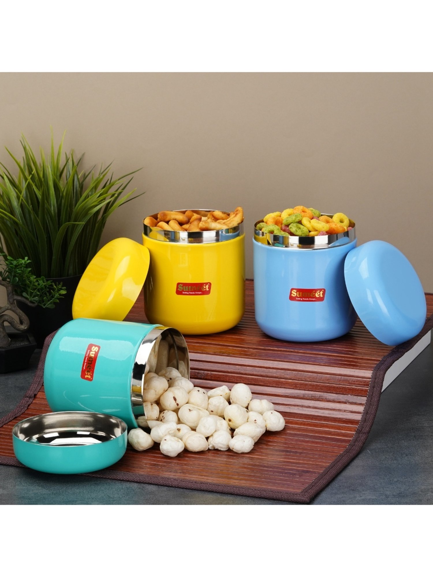 Sumeet S.S. Multi Color Small Canisters/Jars/Storage Containers set of 3Pc,750ml capacity each,9cm