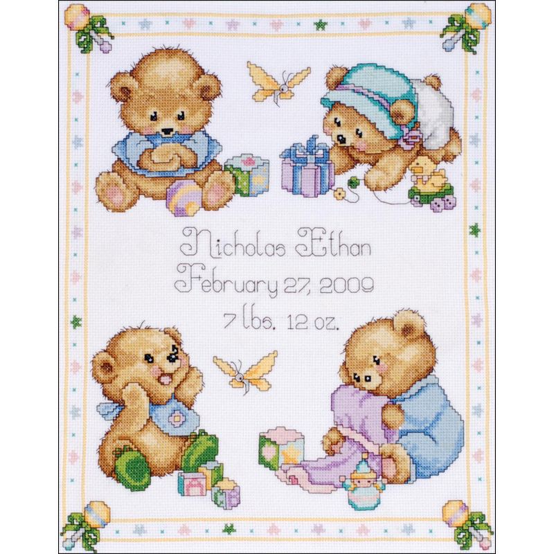 Tobin Counted Cross Stitch Kit 11"x14"-Baby Bears Birth Record (14 Count)