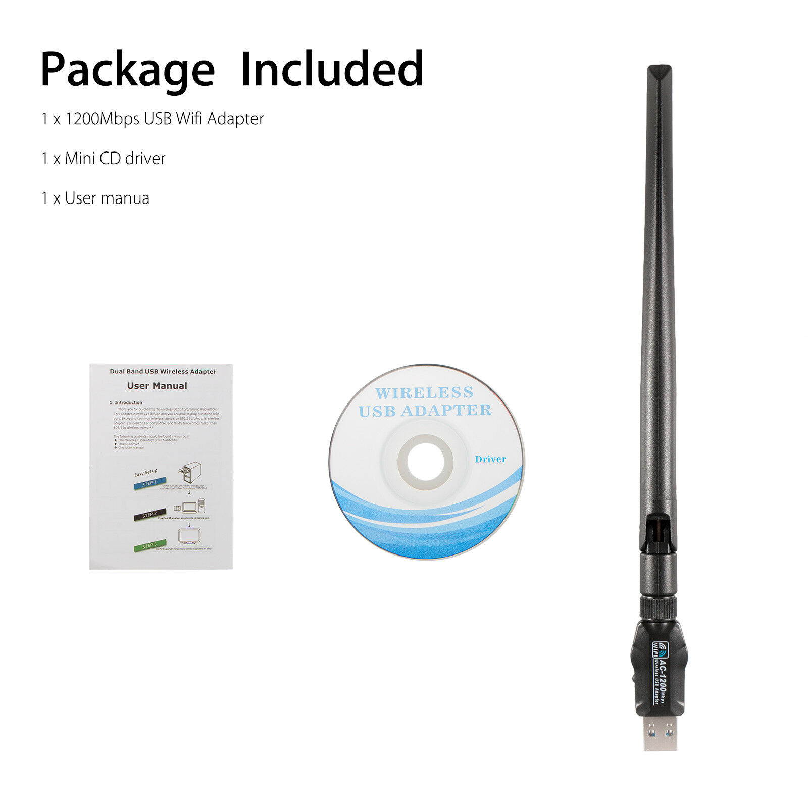 High Speed 1200Mbps 2.4G/5G Dual Band USB WiFi Adapter W/ Antenna for Desktop PC