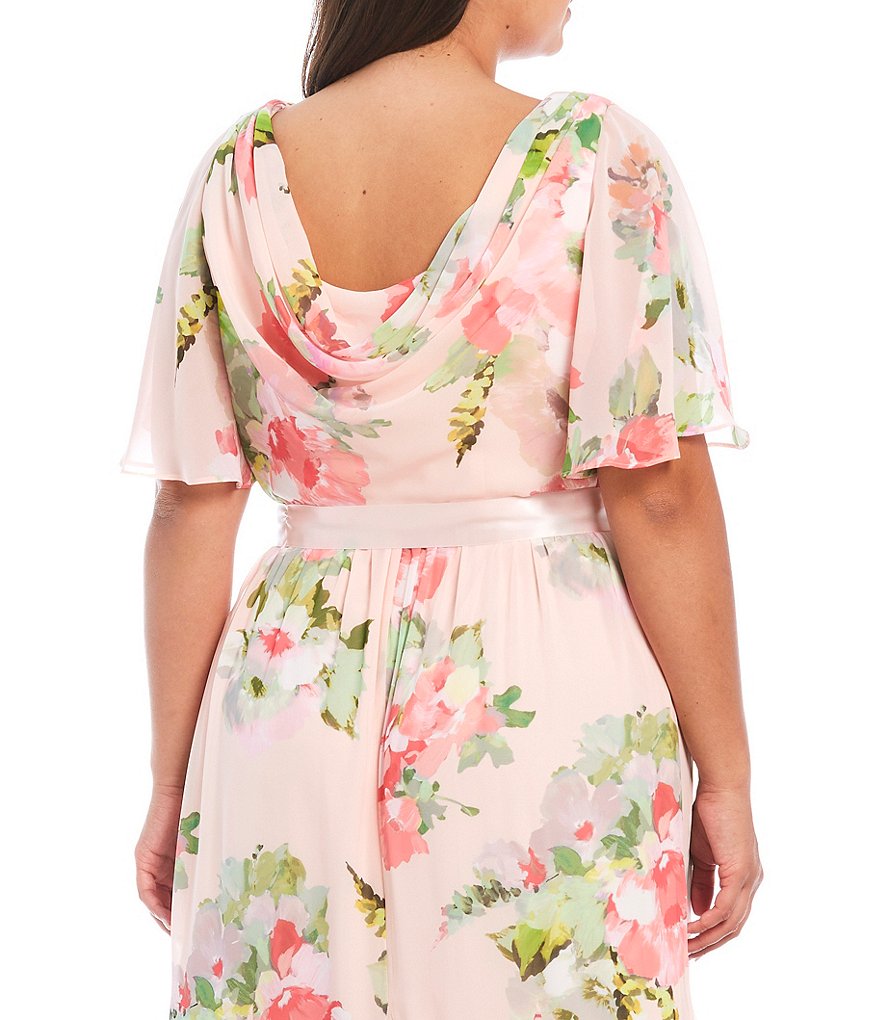Adrianna Papell Plus Size Flutter Short Sleeve Cowl Neck Back Floral Chiffon Gown