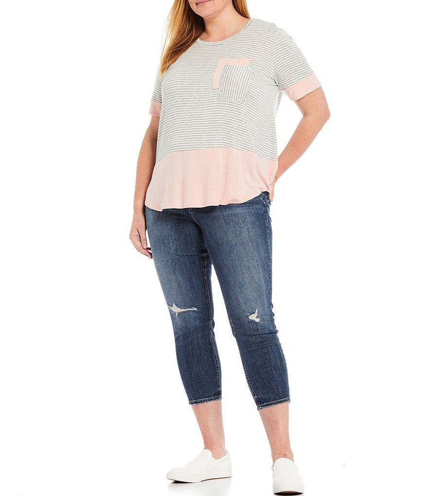 Moa Moa Plus Size Stripe Print Solid Block Round Neck Short Sleeve Contrast Double Pocket Top