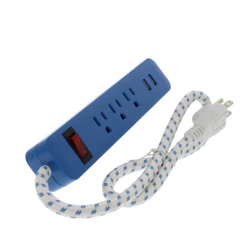 Bright-Way Grounded Power Strip - 3 Outlet, 2 USB - Blue