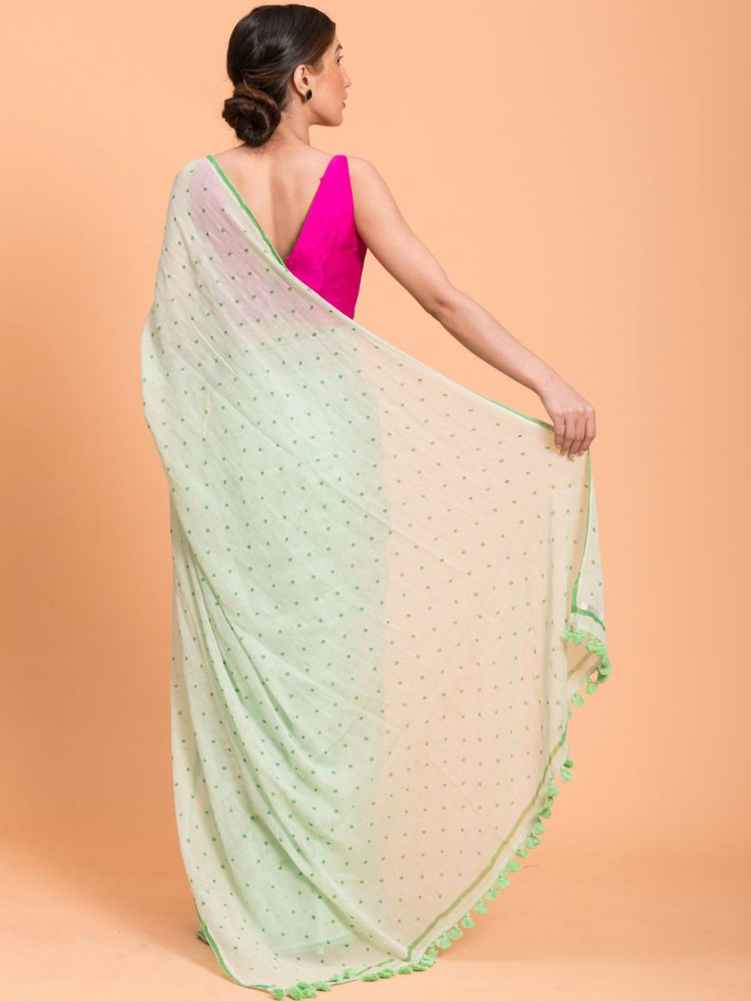 Suta Green Cotton Polka Dots Saree Without Blouse