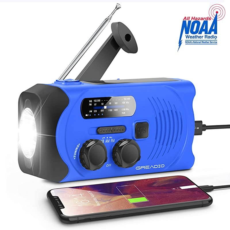 Weather Solar AMFMNOAA Crank Radio with Bright Flashlight SOS Alarm and 2000mAh Power Bank for and Outdoor Activies Blue