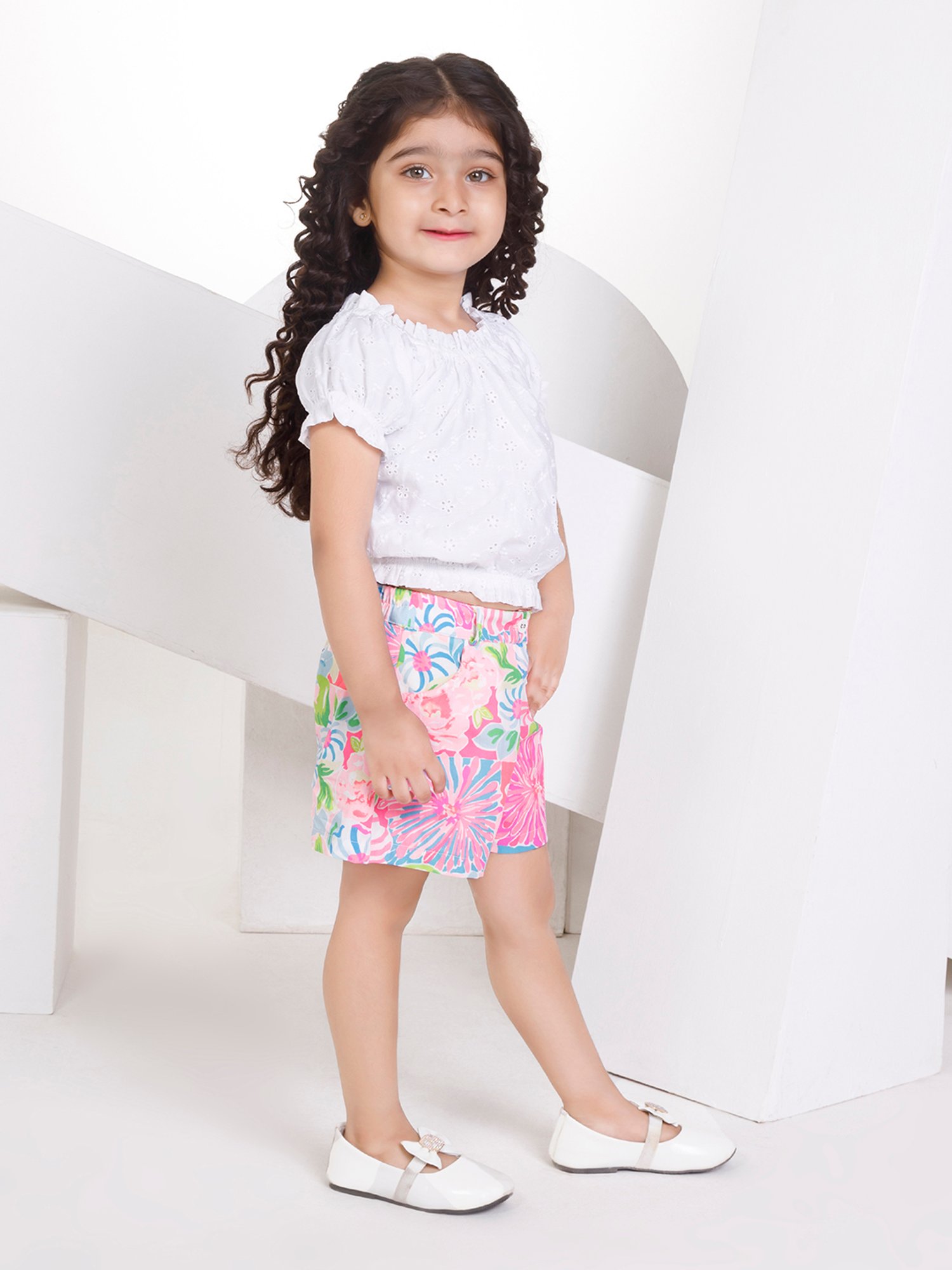 Peppermint Kids White & Pink Self Design Top with Shorts