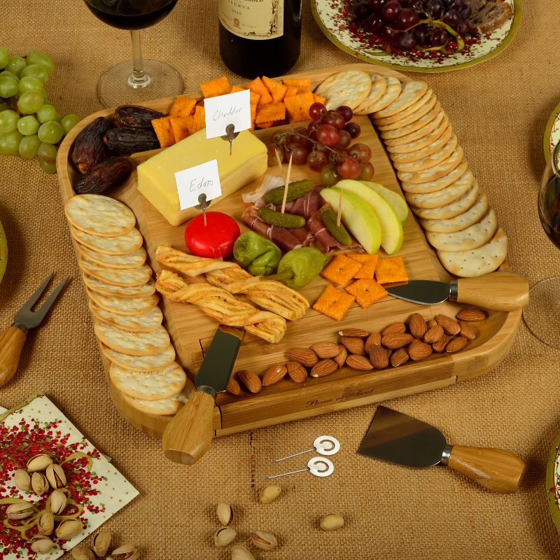 Picnic at Ascot - Bamboo Cheese Board with Cracker Groove & Integrated Drawer w/Cheese Serving Set & Markers