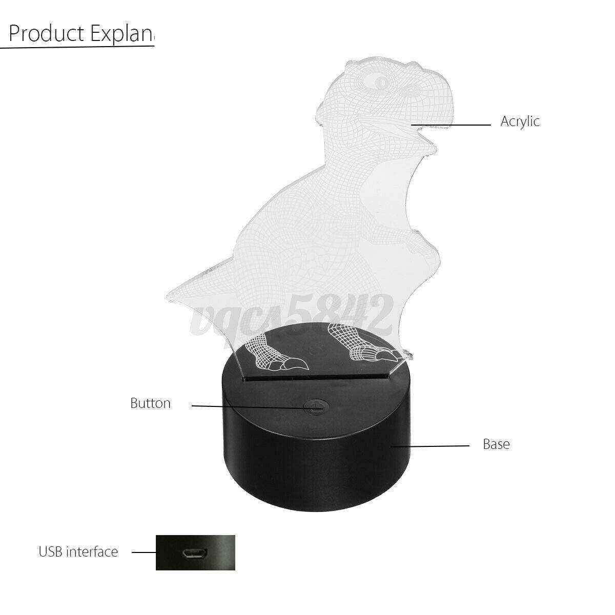 3D Dinosaur USB 7 Color Change LED Night Light Desk Table Lamp Christmas Gift US