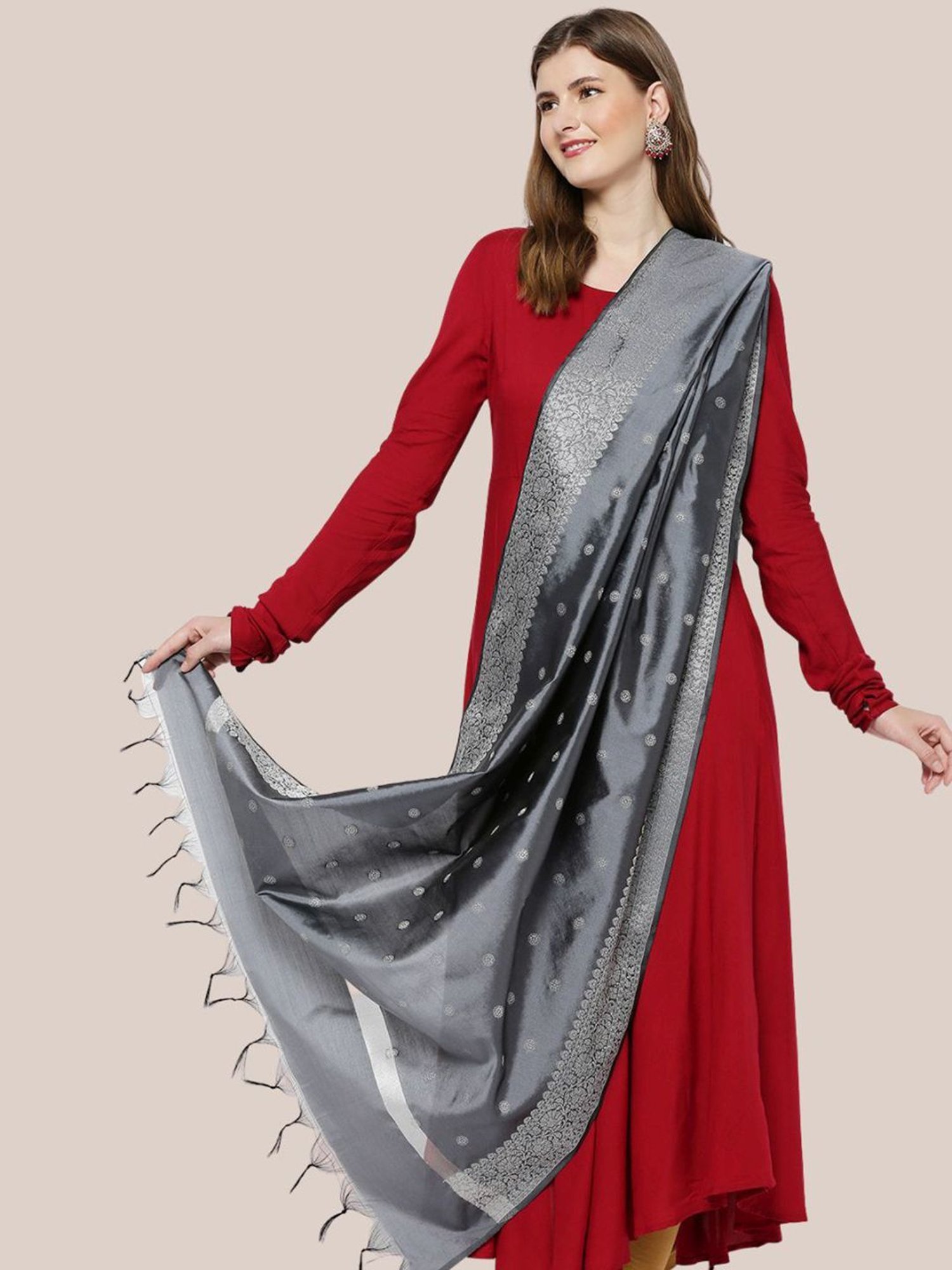 Dupatta Bazaar Grey Woven Pattern Dupatta