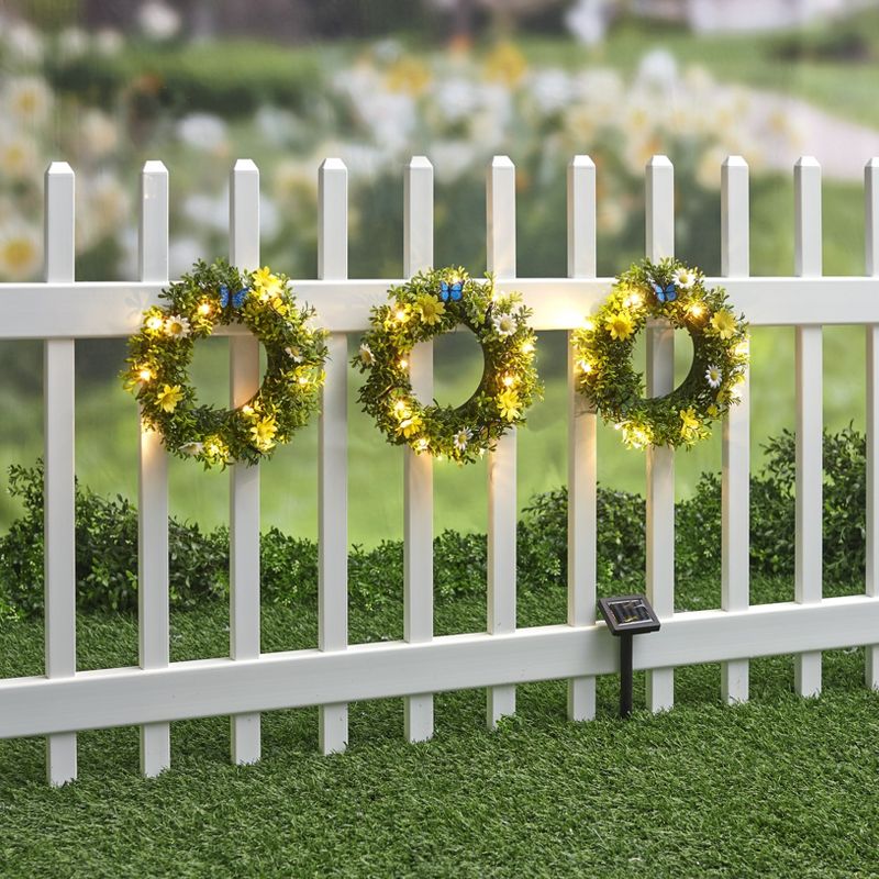 Lakeside Lighted Artificial Boxwood Wreath Trio with Faux Flowers and Solar Stake