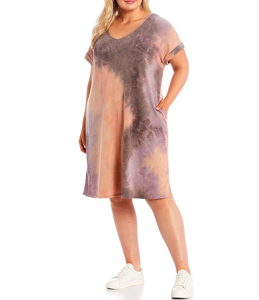 Moa Moa Plus Size Tie-Dye V-Neck Short Cuffed Sleeve Knit Dress