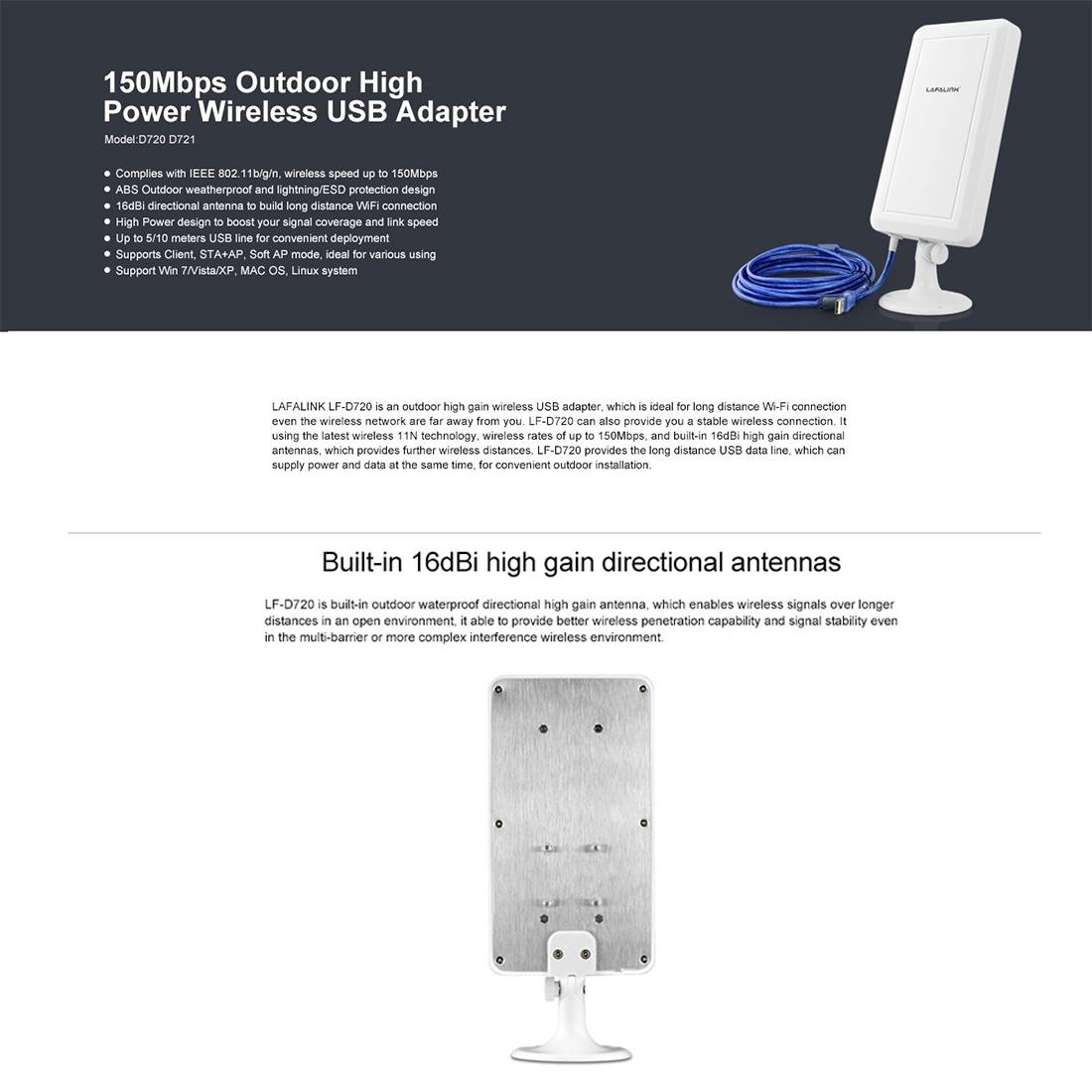 LF-D720 150Mbps Outdoor High Gain Wireless USB Adapter with 10m Cable
