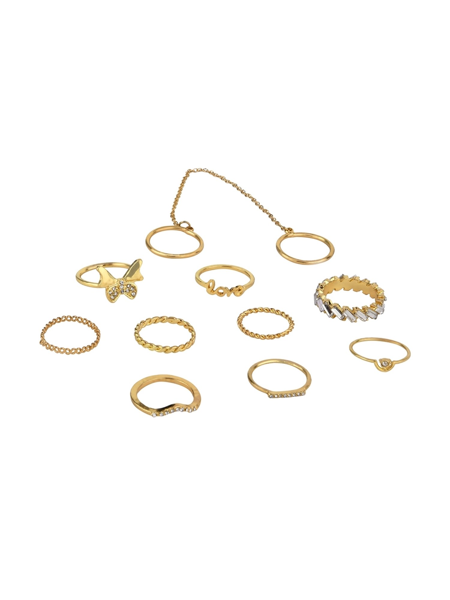 Lilly & Sparkle Gold Toned Crystal Studded and Chain Rings - Set of 10