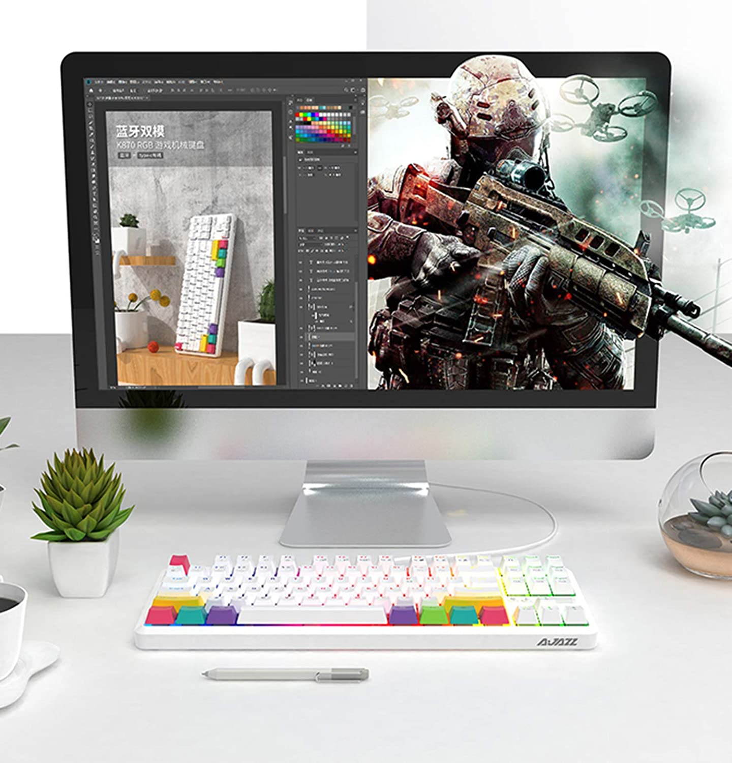 A-jazz K870T Wired and Bluetooth Wireless Dual-mode Connectivity RGB Backlit TKL Mechanical Keyboard(Red switch)