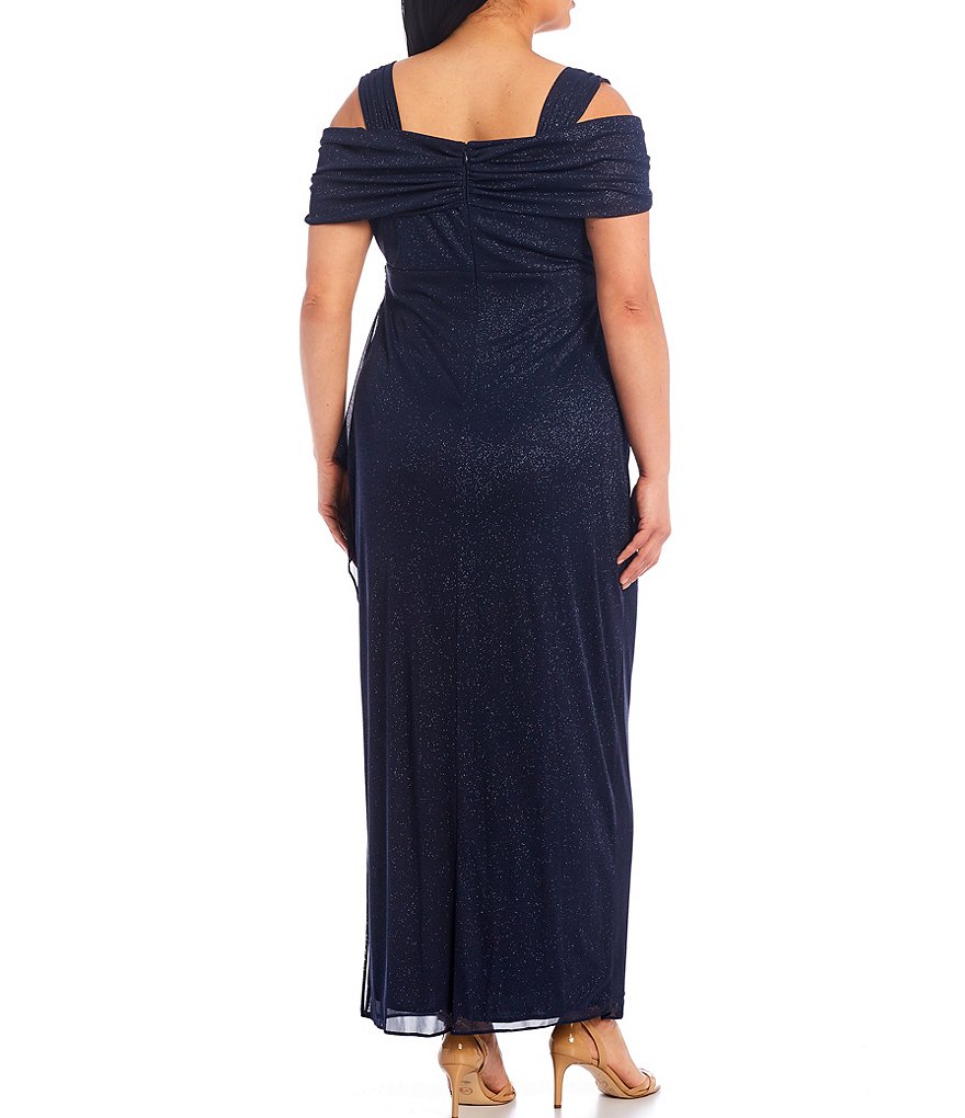 Alex Evenings Plus Cold Shoulder Cowl Neck Cap Sleeve Glitter Mesh Gown