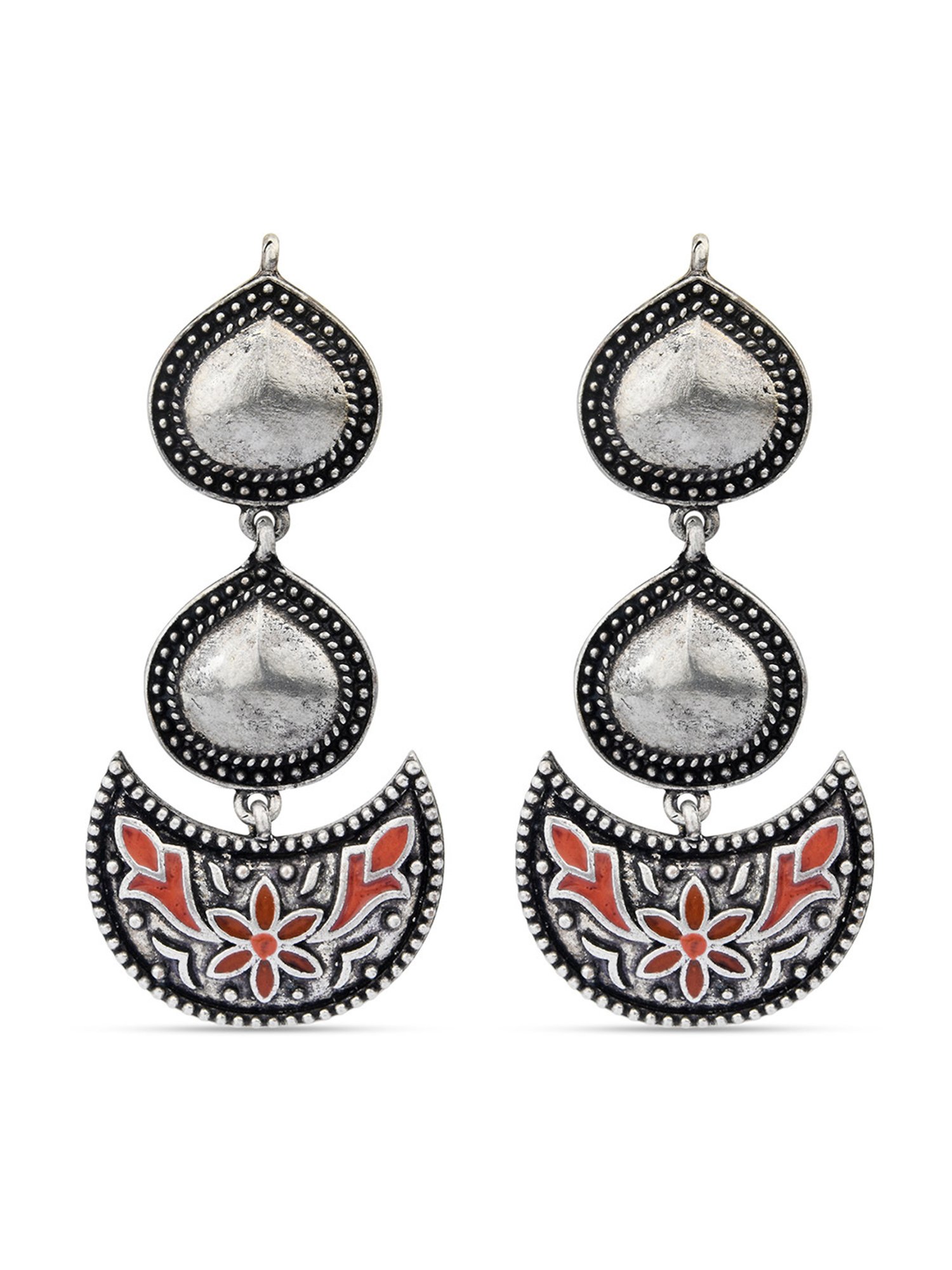 Fida Tear Crescent Floral Enamel Orange Dangler Earrings