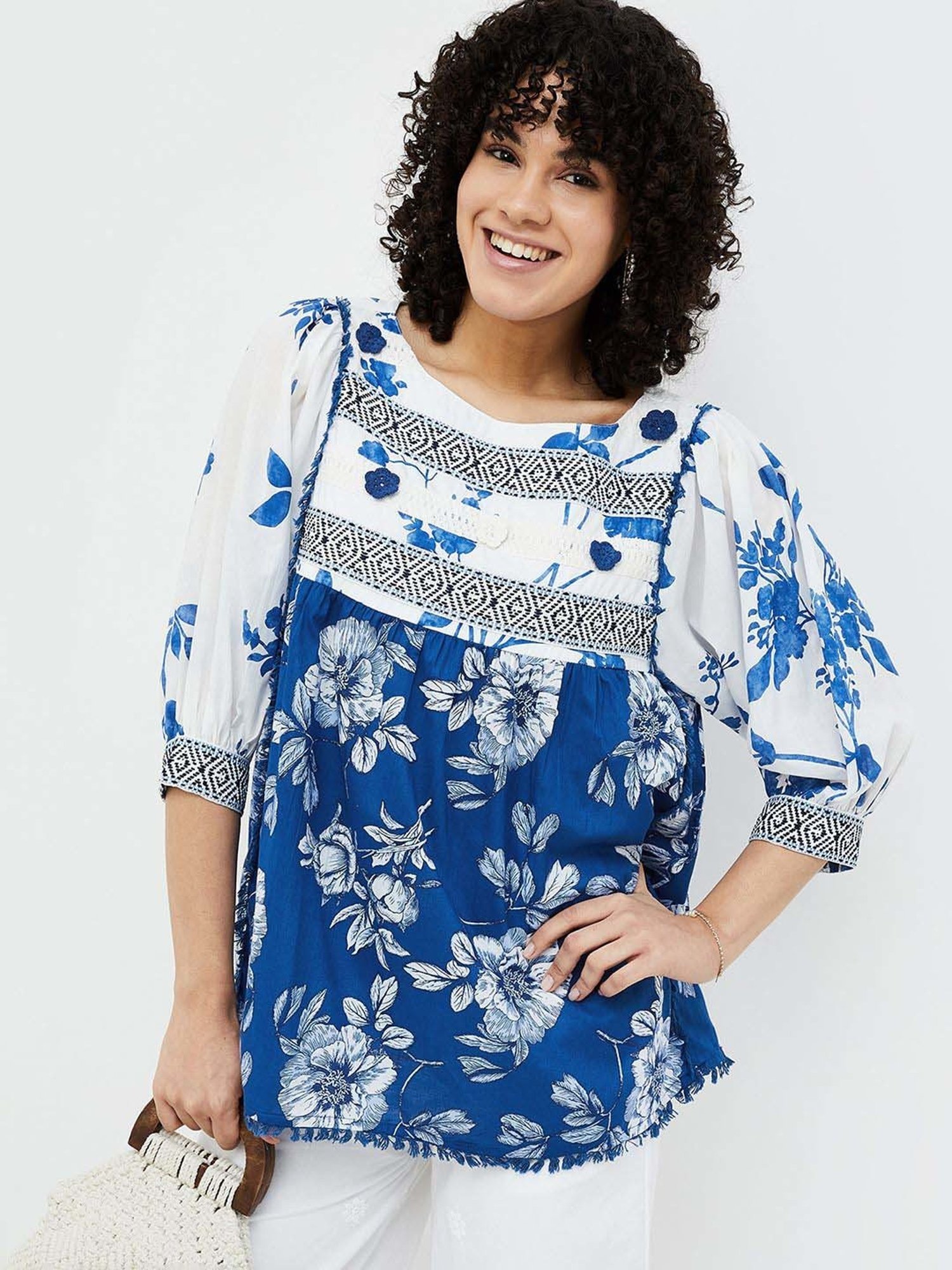 Colour Me by Melange Blue Cotton Printed Top