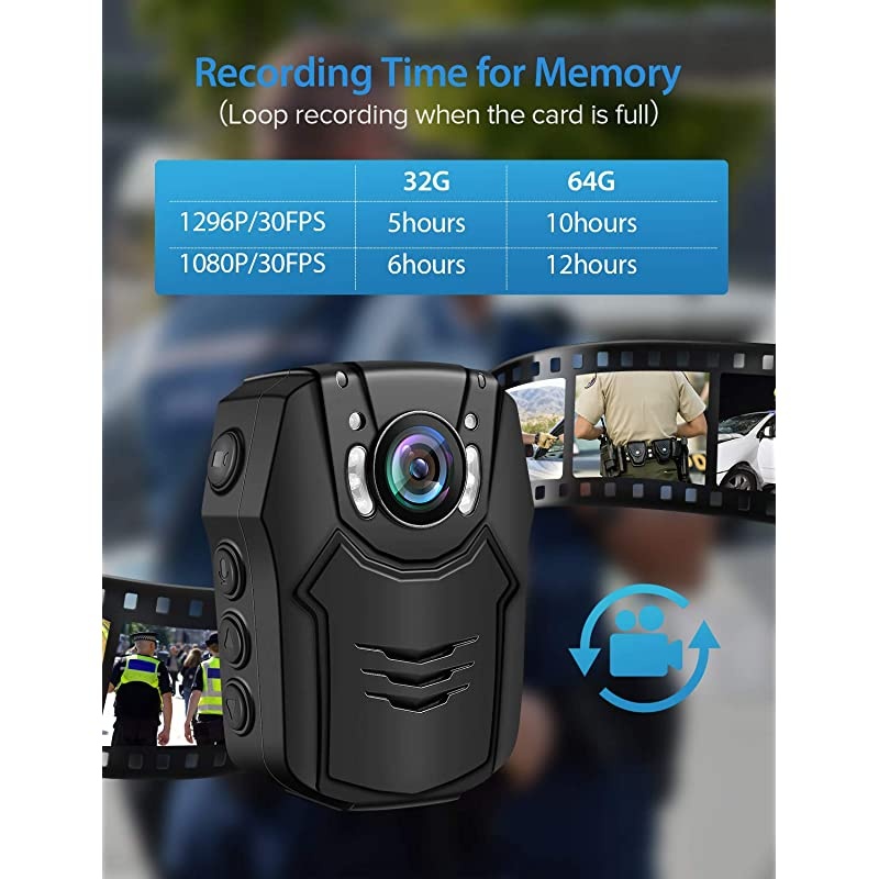 PD50 Body Camera 64GB 1296P Body Worn Mounted Camera Lightweight Smart Fast Charging Night Vision Cam 150 Degree Angle Playback 5-7Hours Recording (64G) (32GB)