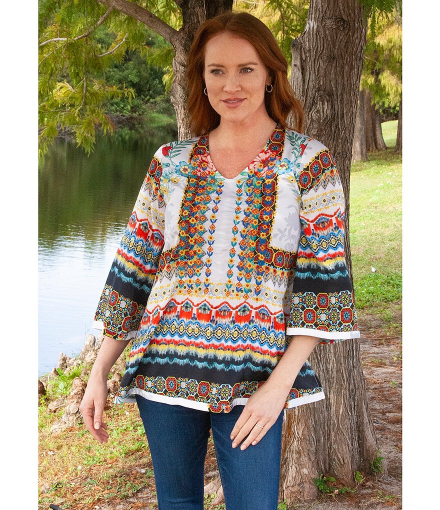 Karyn Seo Aida Vintage-Inspired 3/4 Sleeve Embroidery Printed Box Top