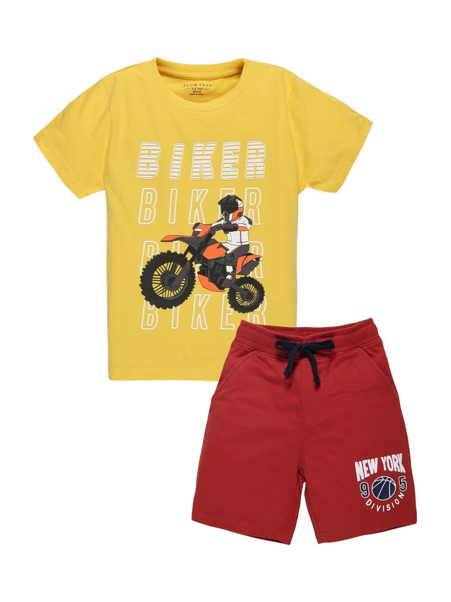 Plum Tree Kids Rust & Yellow Cotton Printed T-Shirts & Short Set