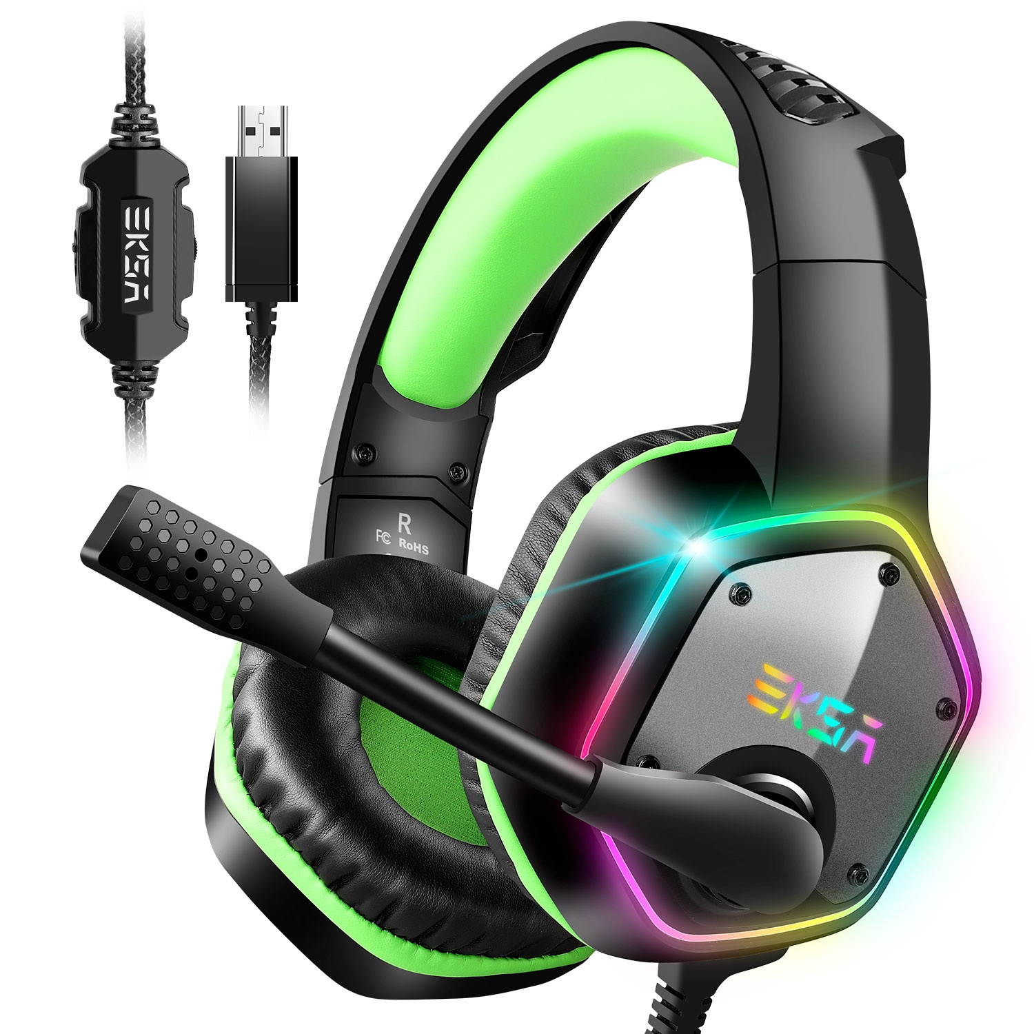 EKSA 7.1 Channel Stereo Sound PUBG Head-mounted USB Gaming Headset LED Light Effect Wired Headphones 120&deg; Free Rotation Desktop Computer Game Headset