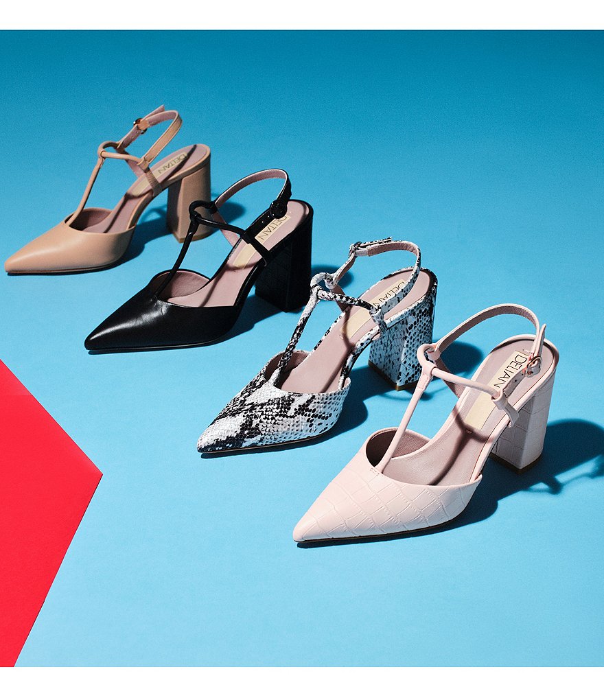 Deltan Tessa Croc-Embossed T-Strap Block Heel Pumps