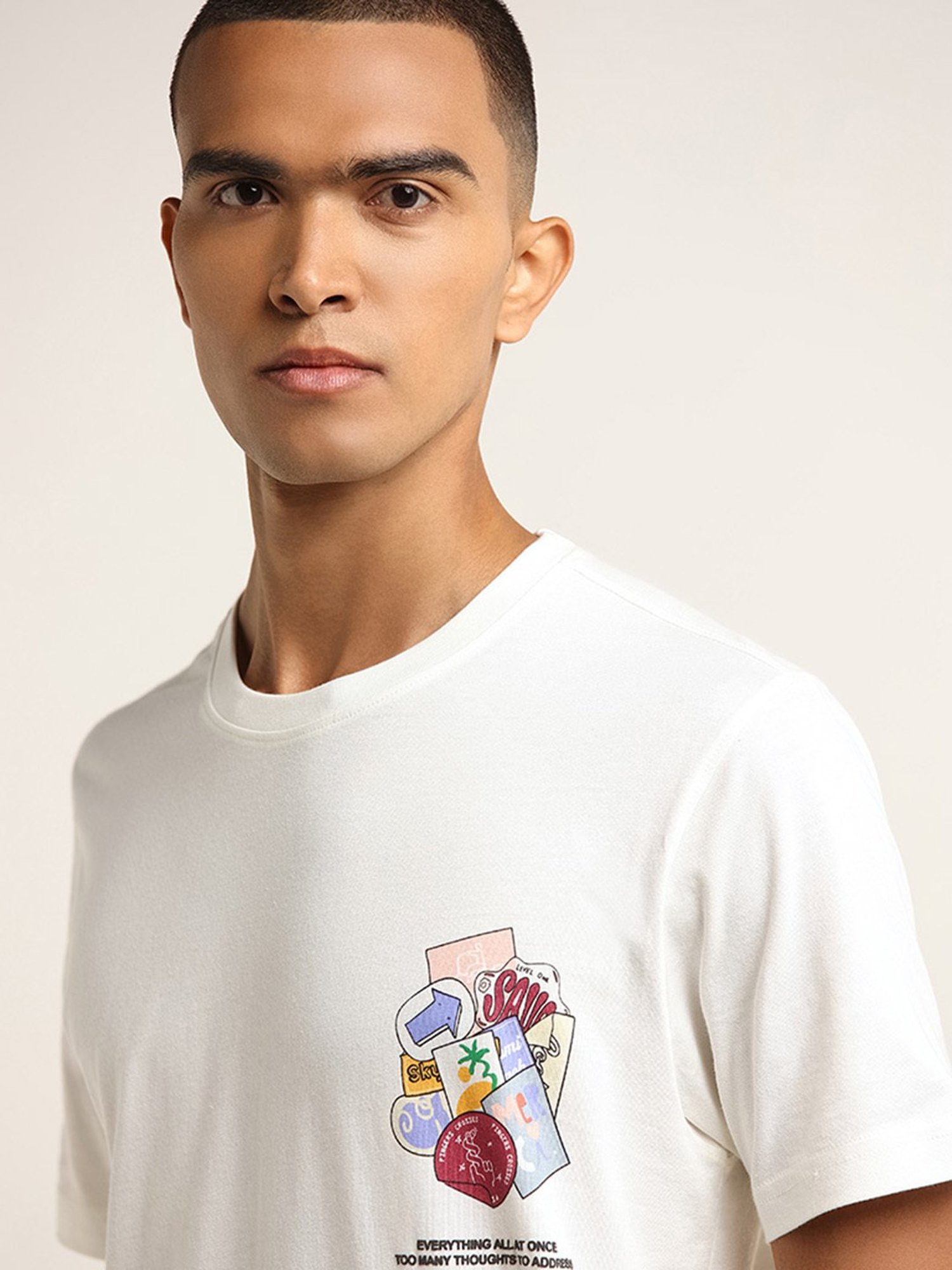 Nuon by Westside Off-White Printed Slim-Fit Cotton T-Shirt