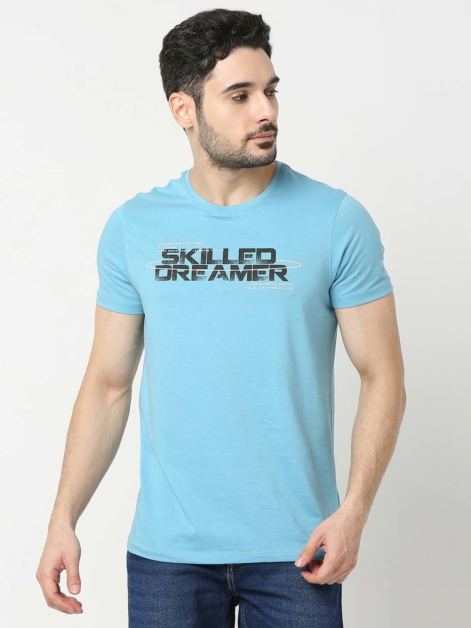 UnderJeans by Spykar Blue Regular Fit Printed Cotton Crew T-Shirt