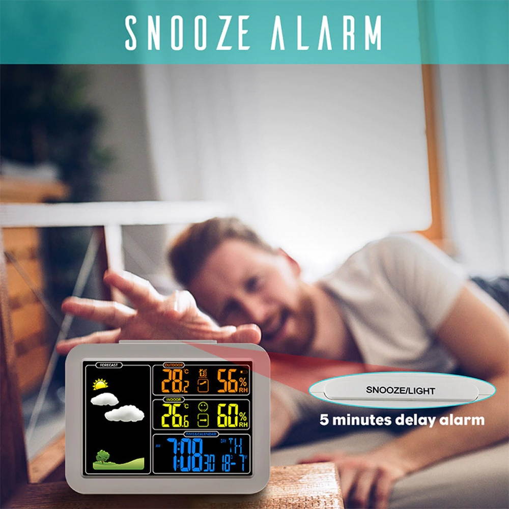 Digital Alarm Clock Weather Forecast Station Indoor Outdoor Temperature and Humidity Meter with 5min Snooze Function