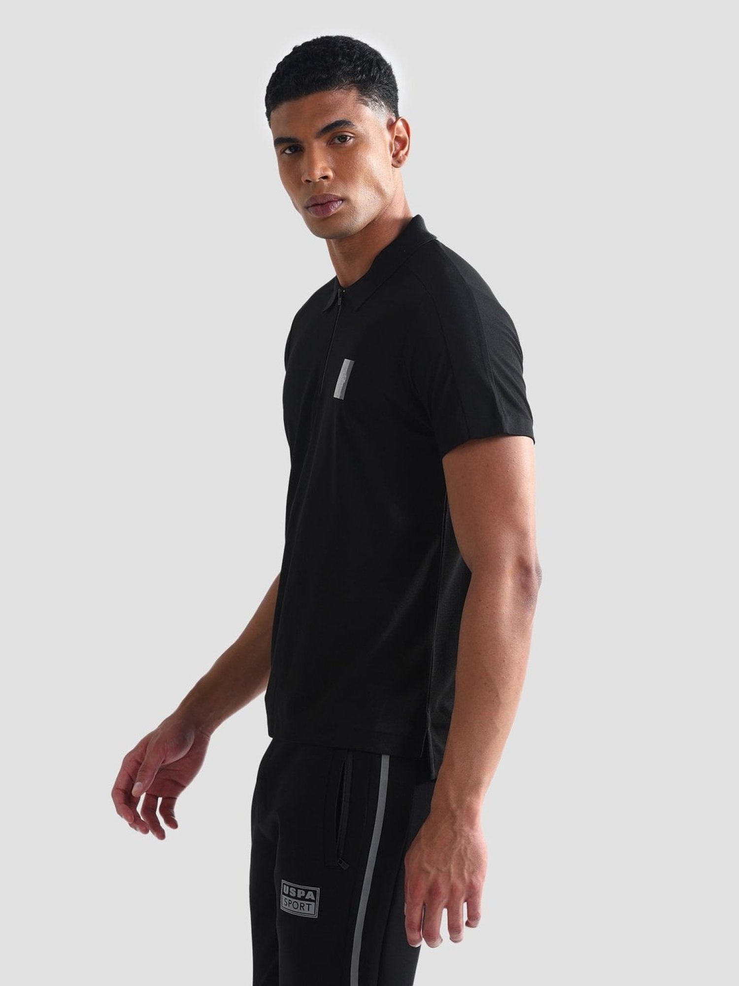 USPA Active Black Slim Fit Texture Sports Polo