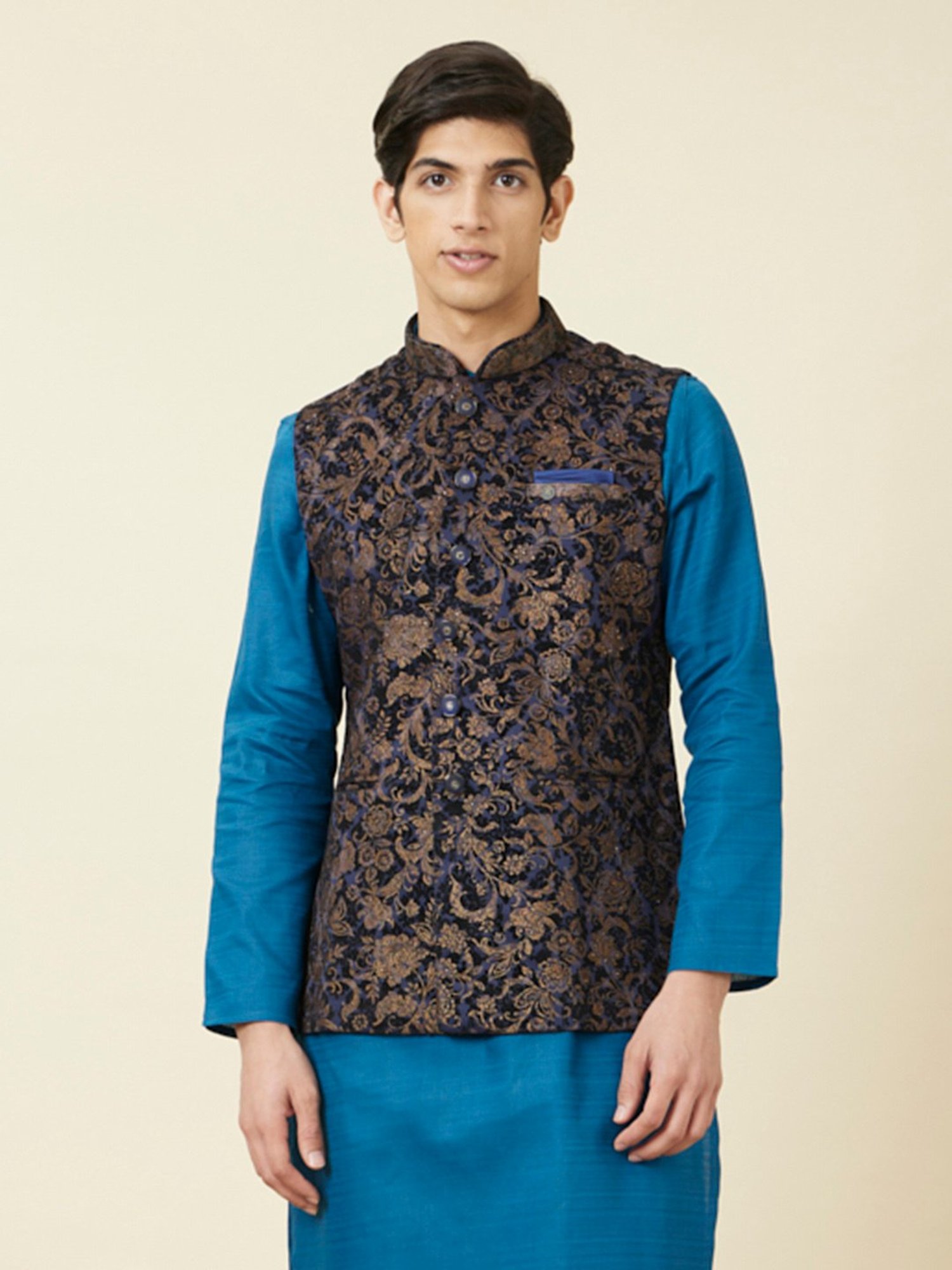Manyavar Blue Regular Fit Printed Nehru Jacket