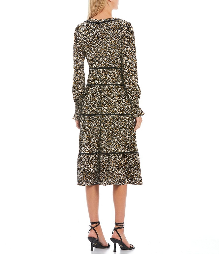 Sugarlips Ditsy Floral Print Deep V-Neck Long Sleeve Velvet Trim Tiered Midi Dress