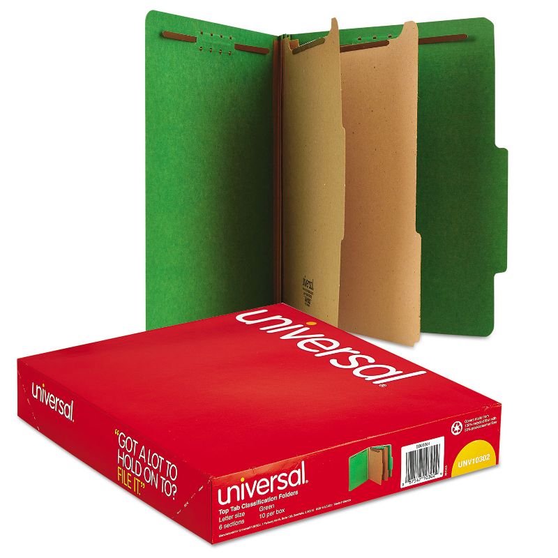 UNIVERSAL Pressboard Classification Folders Letter Six-Section Emerald Green 10/Box 10302