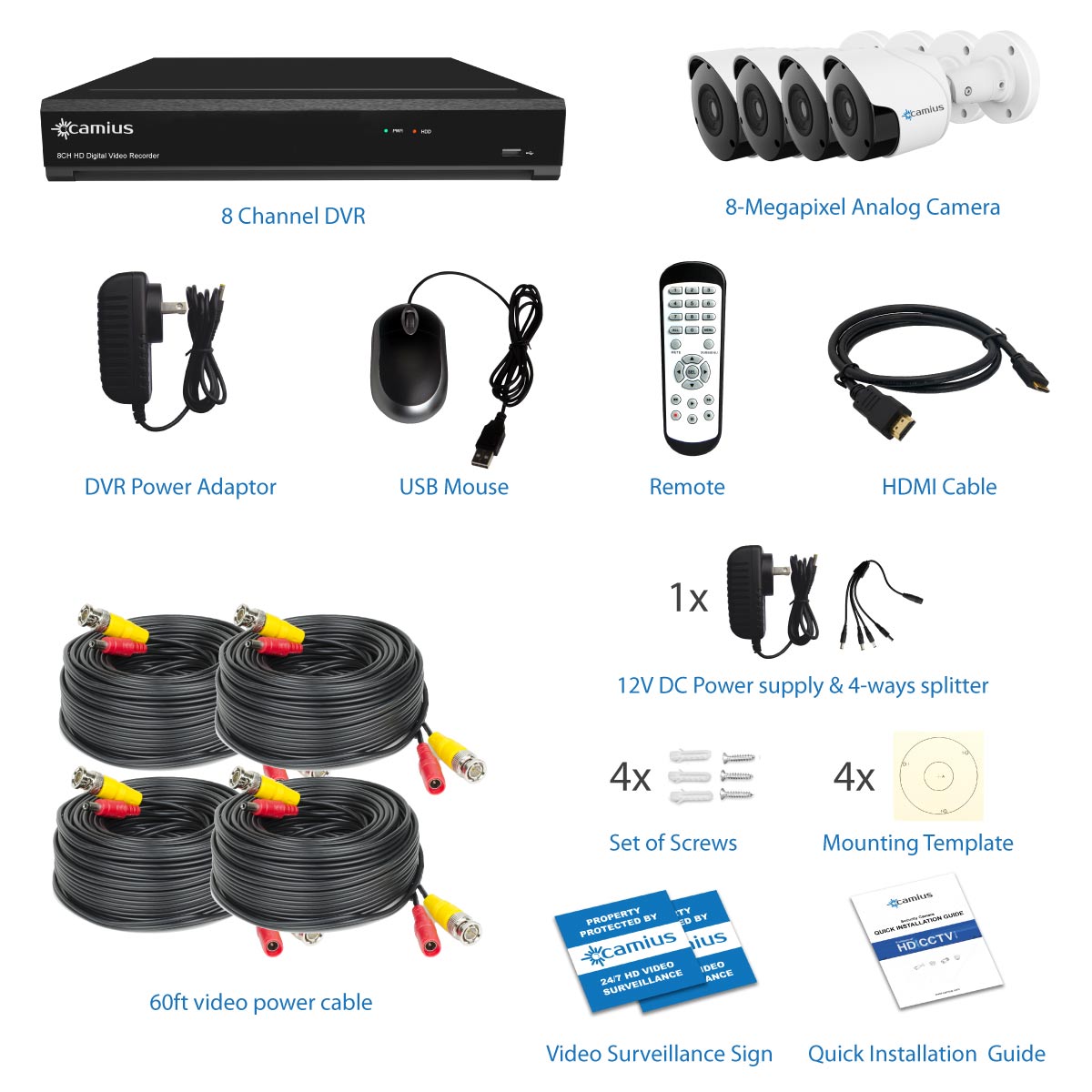 Camius 4K 8 Channel Security DVR camera system with Hard Drive 3TB, 4 x 4K Outdoor Wide Angle Analog Bullet Security Cameras - 100 degree view - expandable to 12CH including 4 IP channels - 124K48M3T